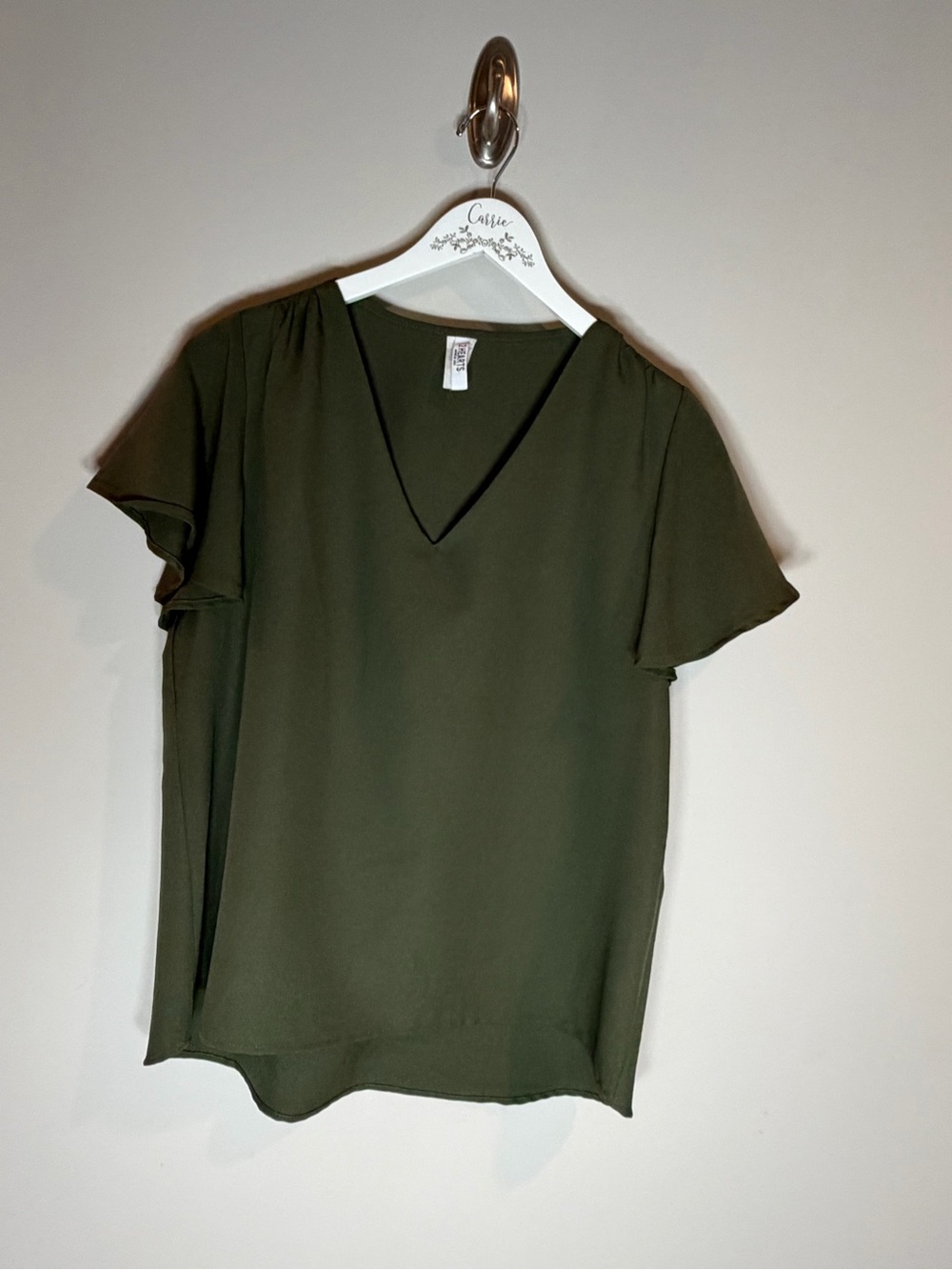 2 Hearts Olive Green Flutter Sleeve V-Neck Blouse Top Large